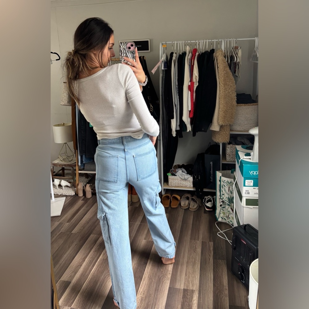 Mango Denim Light Wash Cargo Jeans - Picture 3 of 10